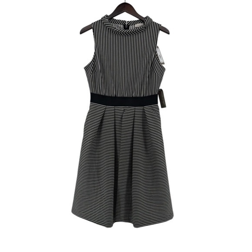 Eva Mendes NY&C Black White Striped Mock Neck Fit Flare Dress Medium NWT